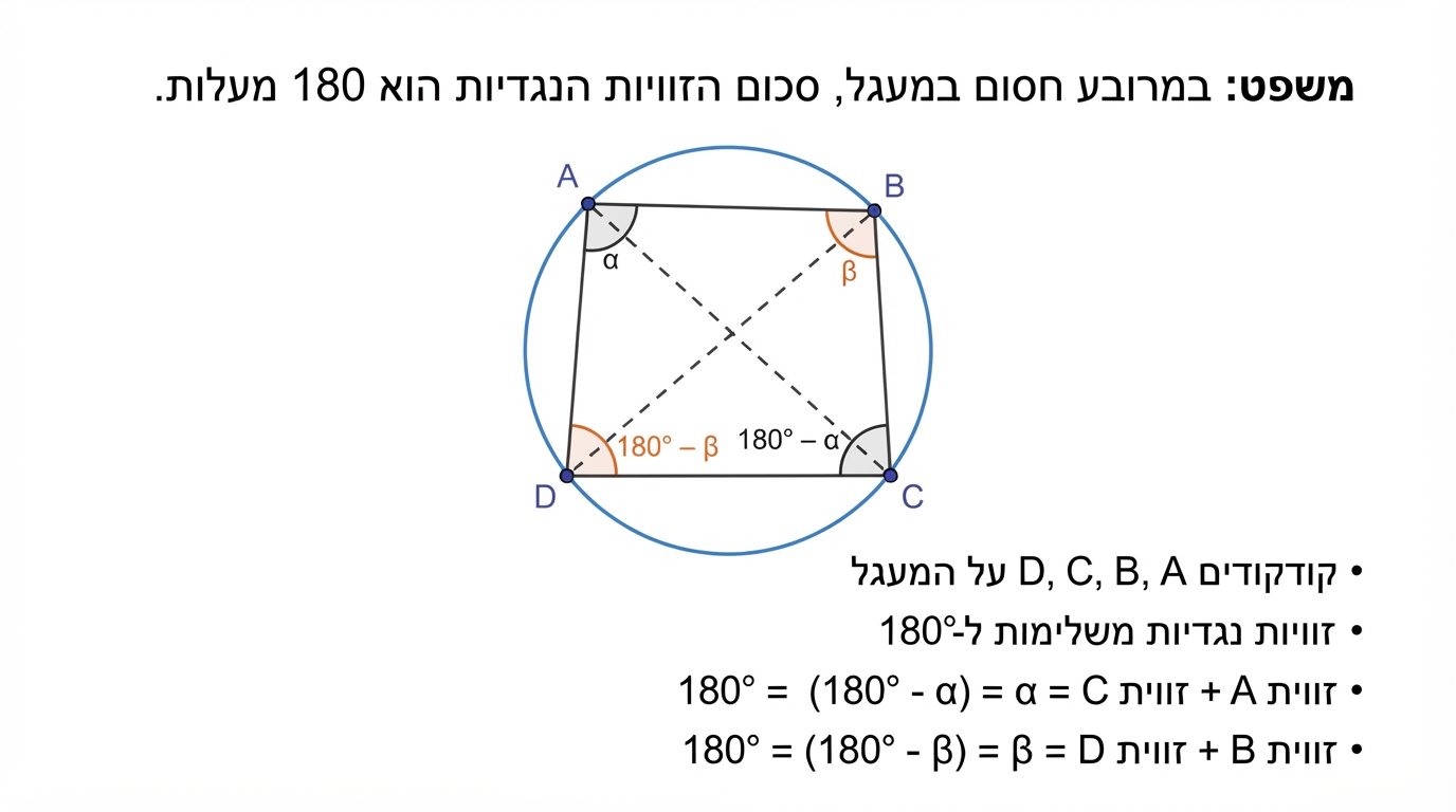 מרובע ABCD חסום במעגל; הקודקודים A, B, C, D על המעגל, הזוויות הנגדיות A ו-C מסומנות כ-α ו-180°−α, והזוויות הנגדיות B ו-D מסומנות כזוג משלים נוסף