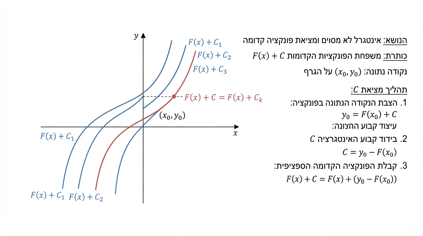 מערכת צירים עם כמה גרפים מוזזים אנכית של אותה משפחת פונקציות קדומות, ונקודה נתונה מסומנת על אחד מהם. הגרף העובר דרך הנקודה מסומן כפונקציה המתאימה לאחר מציאת קבוע האינטגרציה C.