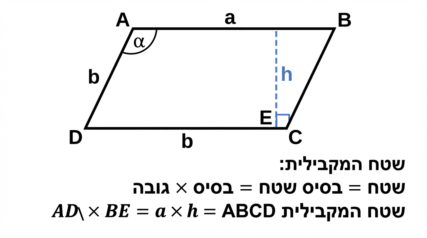 מקבילית ABCD עם שתי צלעות סמוכות a ו-b, זווית אלפא ביניהן, וגובה h לצלע a