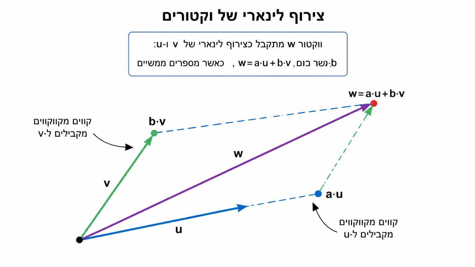 תרשים במישור: שני וקטורים לא קולינאריים u ו־v היוצאים מאותה נקודה, וקטור w מוצג כסכום של כפולה של u וכפולה של v, עם קווים מקווקווים המקבילים ל־u ול־v