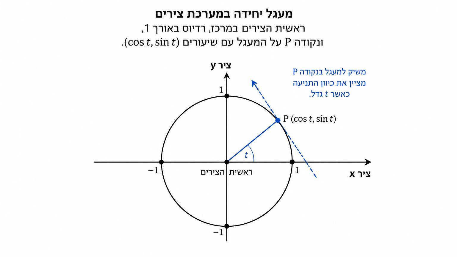 מעגל יחידה במערכת צירים: ראשית הצירים במרכז, רדיוס באורך 1, ונקודה P על המעגל עם שיעורים (cos t, sin t). הזווית t מסומנת בין ציר ה-x החיובי לבין הרדיוס אל P, ומשיק למעגל בנקודה P מציין את כיוון התנועה כאשר t גדל.