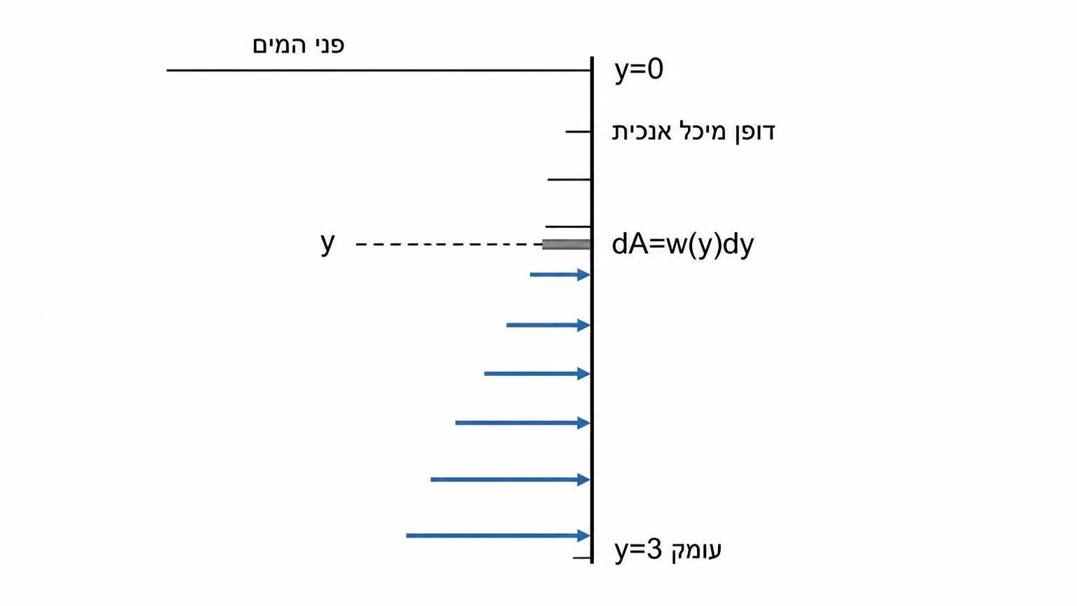 תרשים חתך של דופן מיכל אנכית: קו אנכי מייצג את הדופן, קו אופקי עליון מייצג את פני המים עם תווית y=0. לאורך הדופן מסומנים פסים אופקיים דקים בעומקים שונים, וליד פס בעומק y רשום dA=w(y)dy. חצים אופקיים קצרים ליד הדופן מתארים לחץ הגדל עם העומק, ובתחתית מסומן עומק y=3