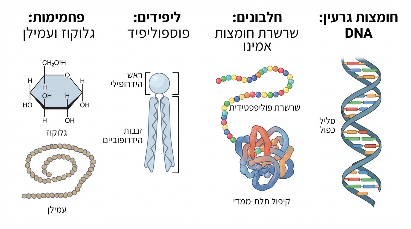 ארבע הקבוצות העיקריות של חומרים אורגניים בתא והיחידות הבסיסיות שלהן
