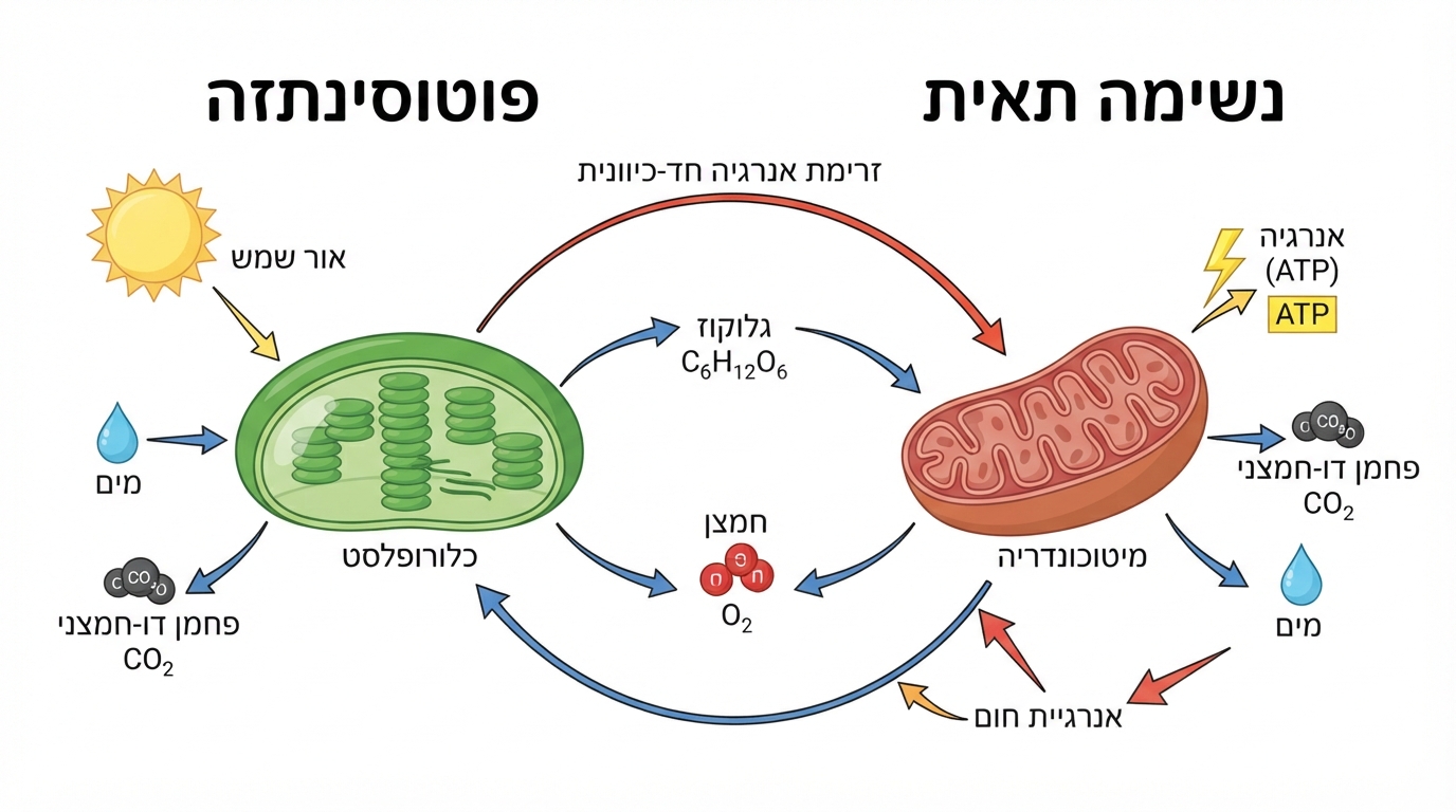 דיאגרמה המציגה את הקשר בין פוטוסינתזה לנשימה תאית