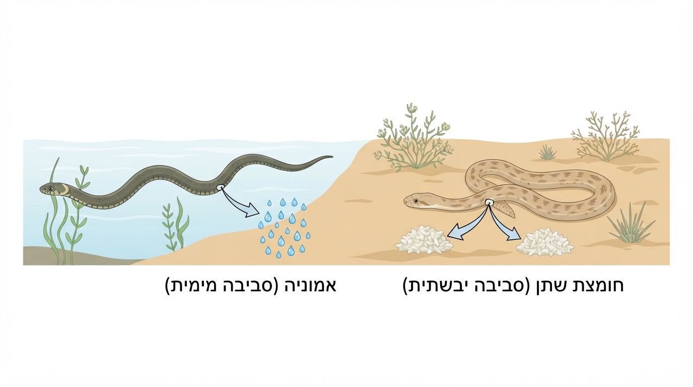 השוואה בין הפרשת אמוניה בסביבה מימית להפרשת חומצת שתן בסביבה יבשתית