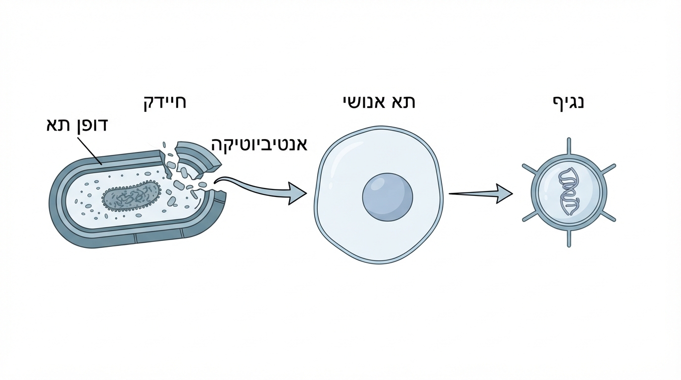 איור המציג את עקרון הרעילות הבררנית של אנטיביוטיקה על חיידק לעומת תא אנושי ונגיף