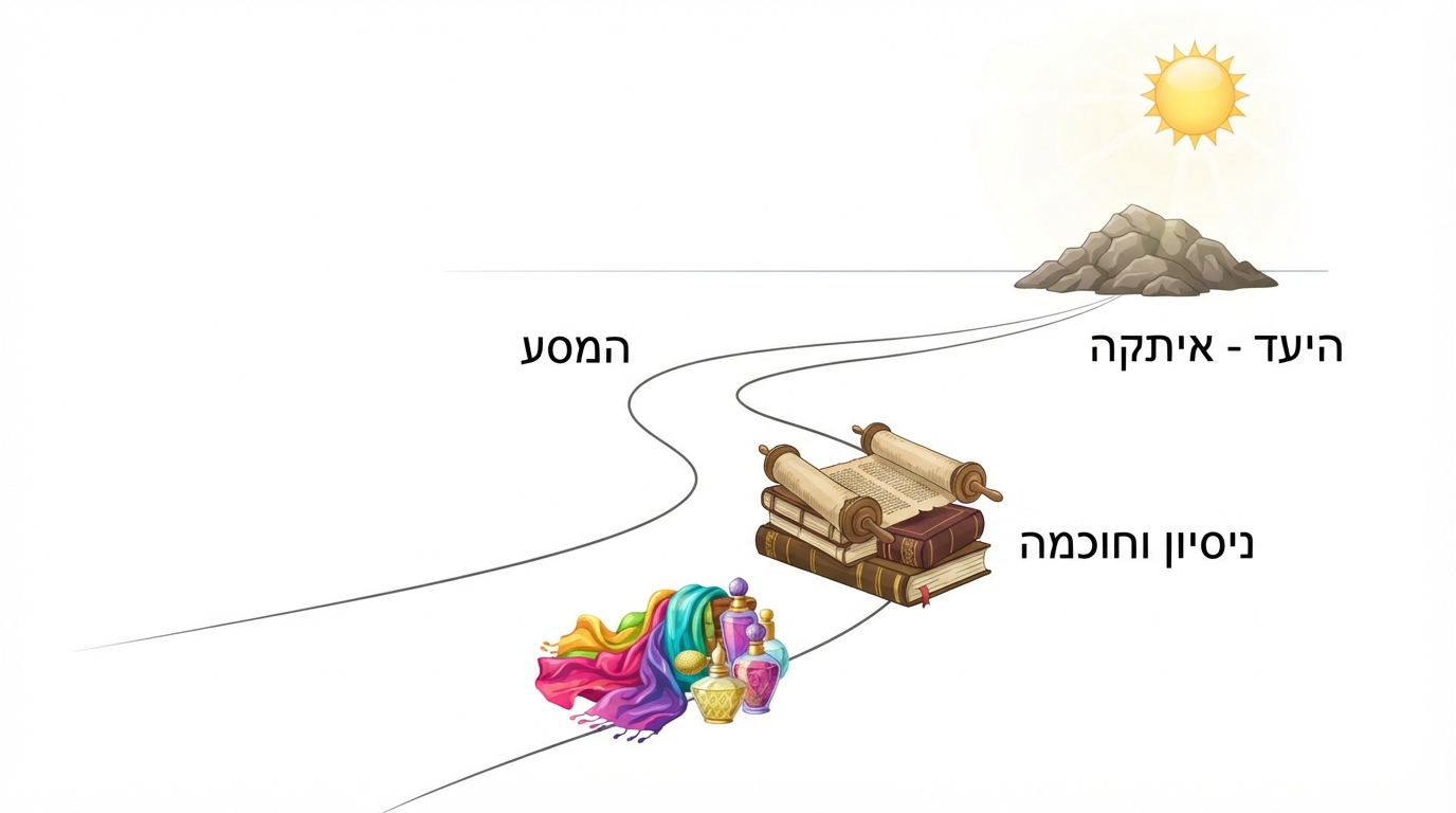 איור של מסלול מסע בים לעבר אי קטן, המייצג את הדרך והיעד
