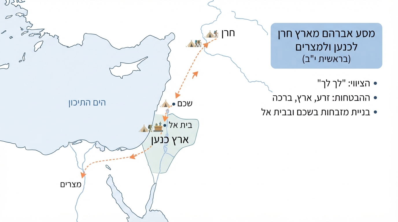 מפת מסע אברהם מחרן לכנען ולמצרים