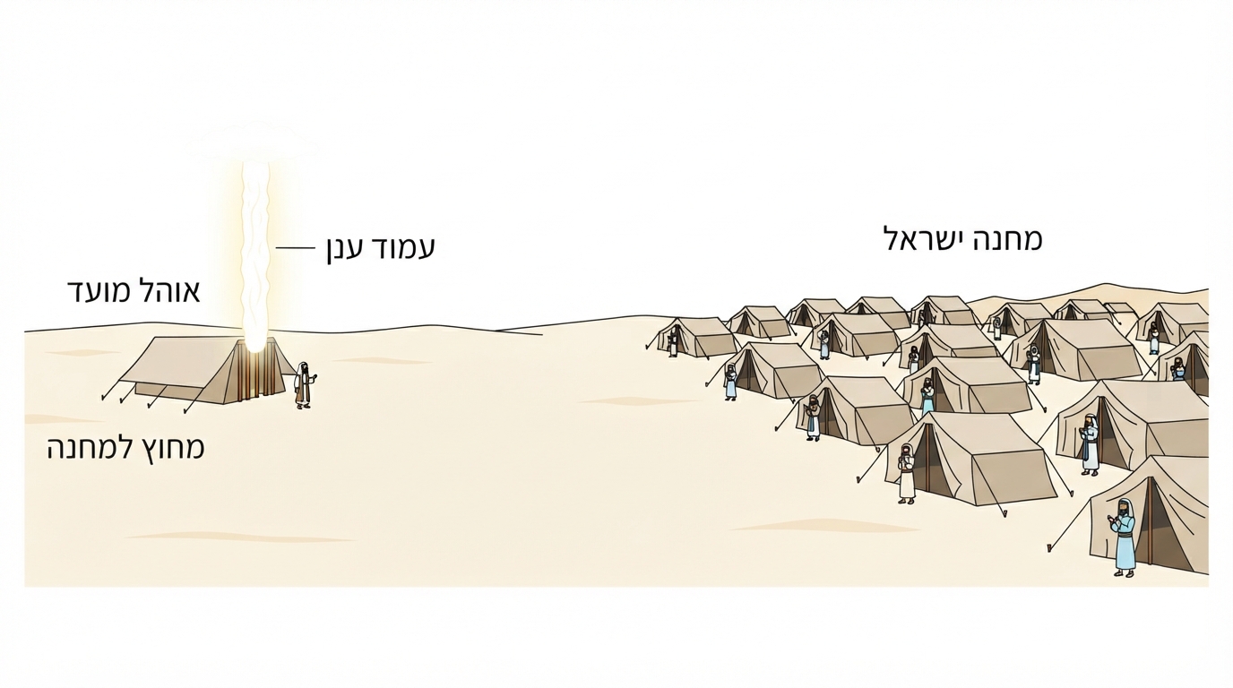 תרשים מבנה המחנה, אוהל מועד מחוץ למחנה והתגלות עמוד הענן