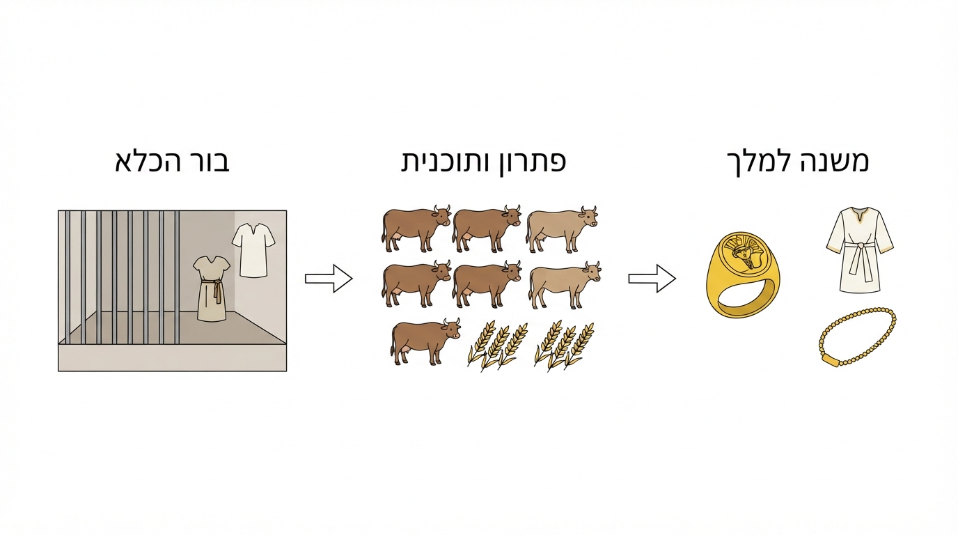 תרשים המציג את שלבי עליית יוסף מן הבור למלכות