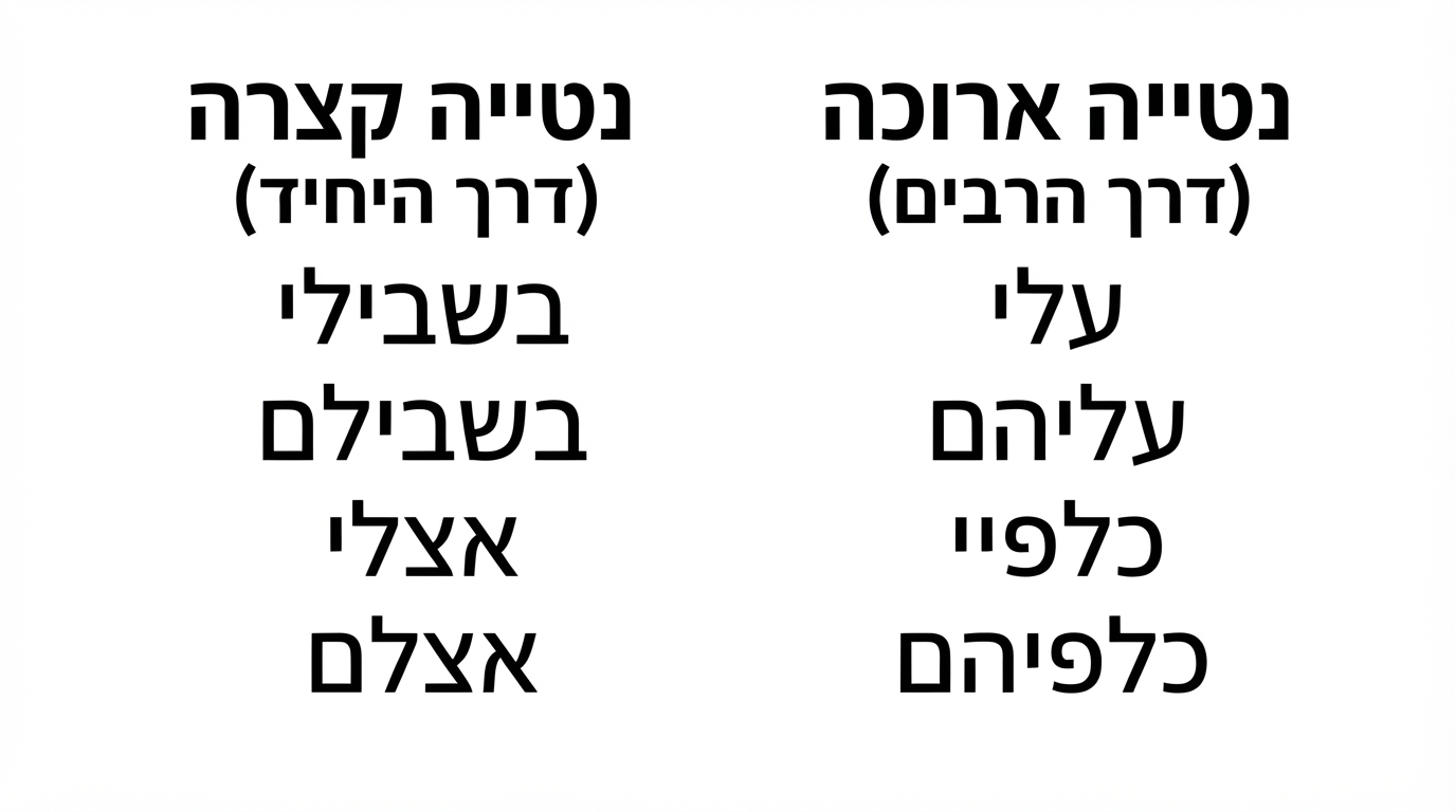 תרשים השוואה בין נטייה קצרה לנטייה ארוכה במילות יחס