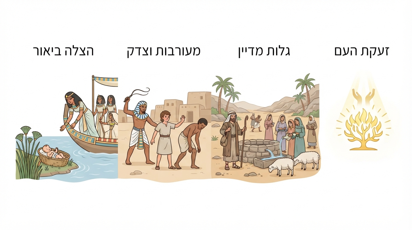 תרשים שלבי התפתחות דמותו של משה בשמות פרק ב'
