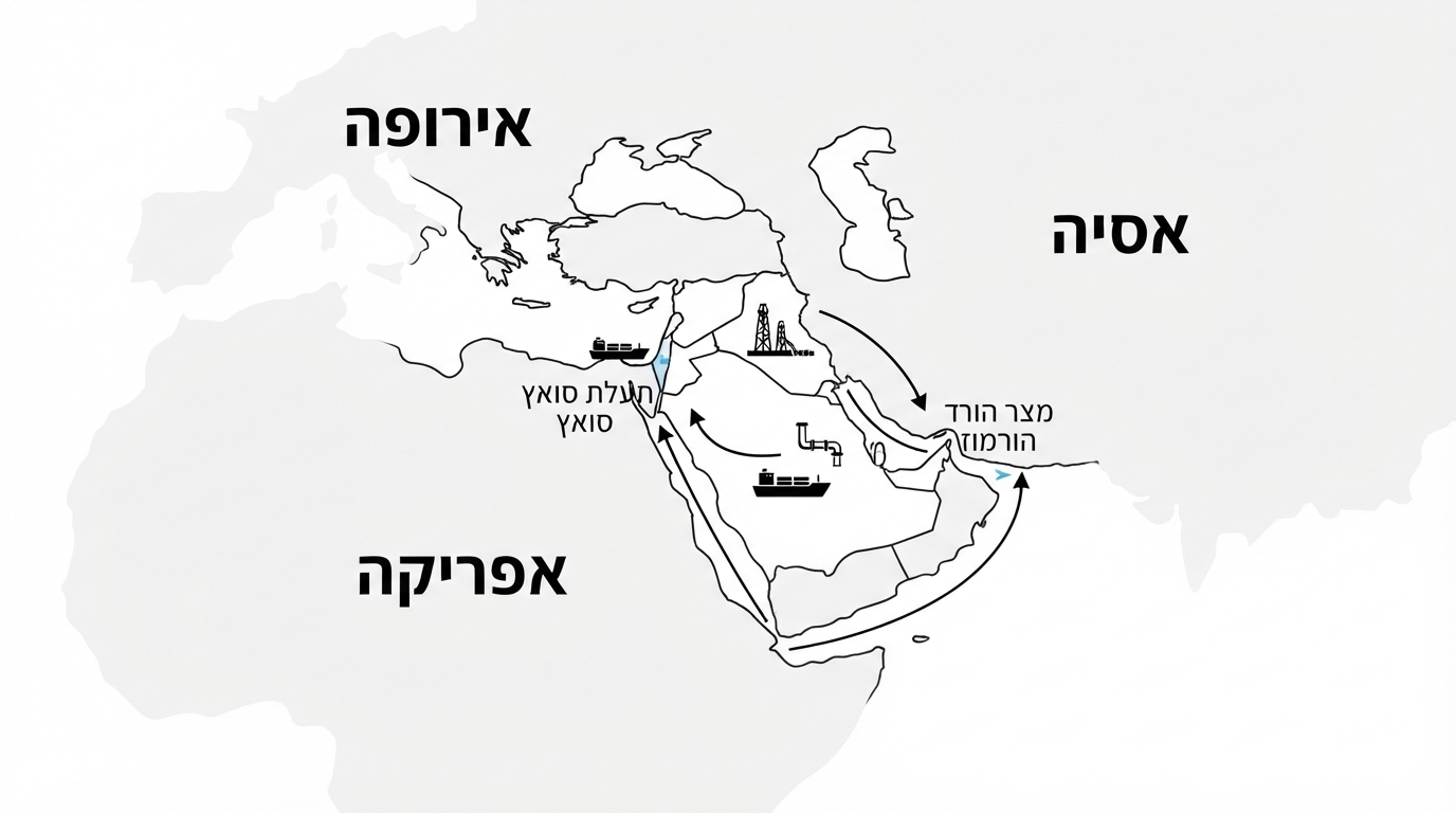 דיאגרמה של המזרח התיכון כגשר בין יבשות ומעברי המים האסטרטגיים