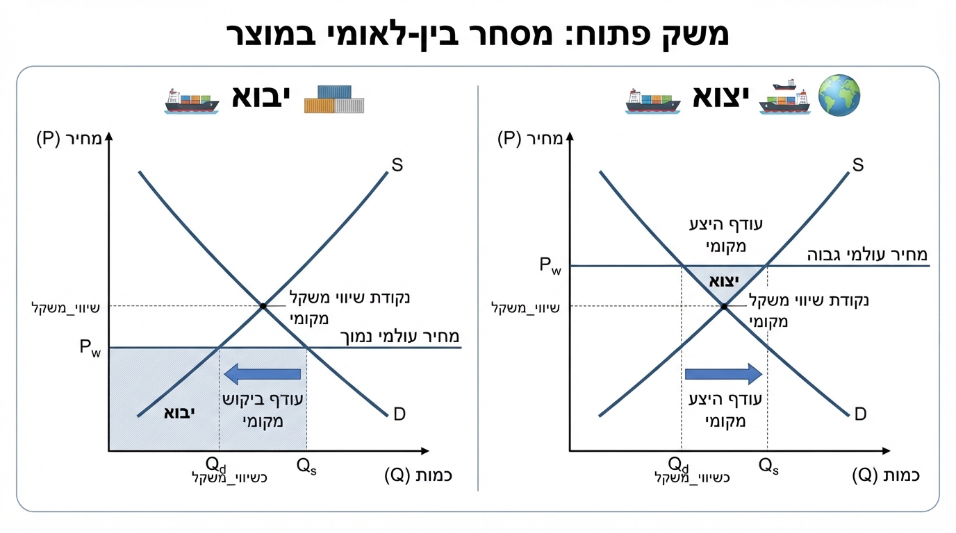 תרשים זרימה והשוואה: מודל משק פתוח - יבוא ויצוא מסחרי